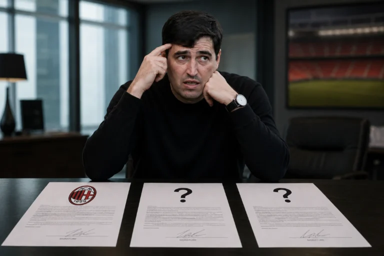 Andoni Iraola in conferenza stampa davanti ai documenti del Milan, con espressione pensierosa e mani al viso
