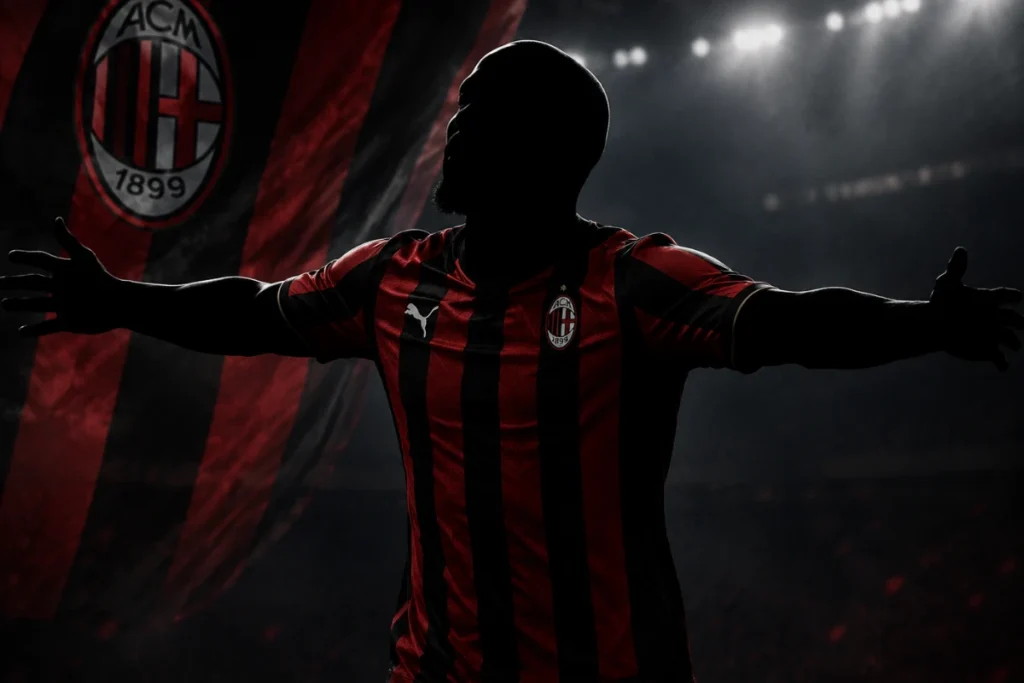 Giocatore del Milan in maglia rossonera con braccia allargate nello stadio