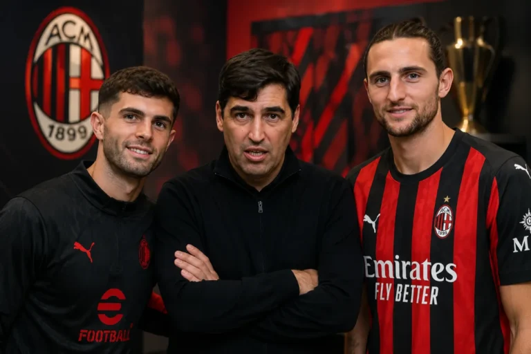 Iraola, Rabiot e Pulisic insieme davanti al logo AC Milan
