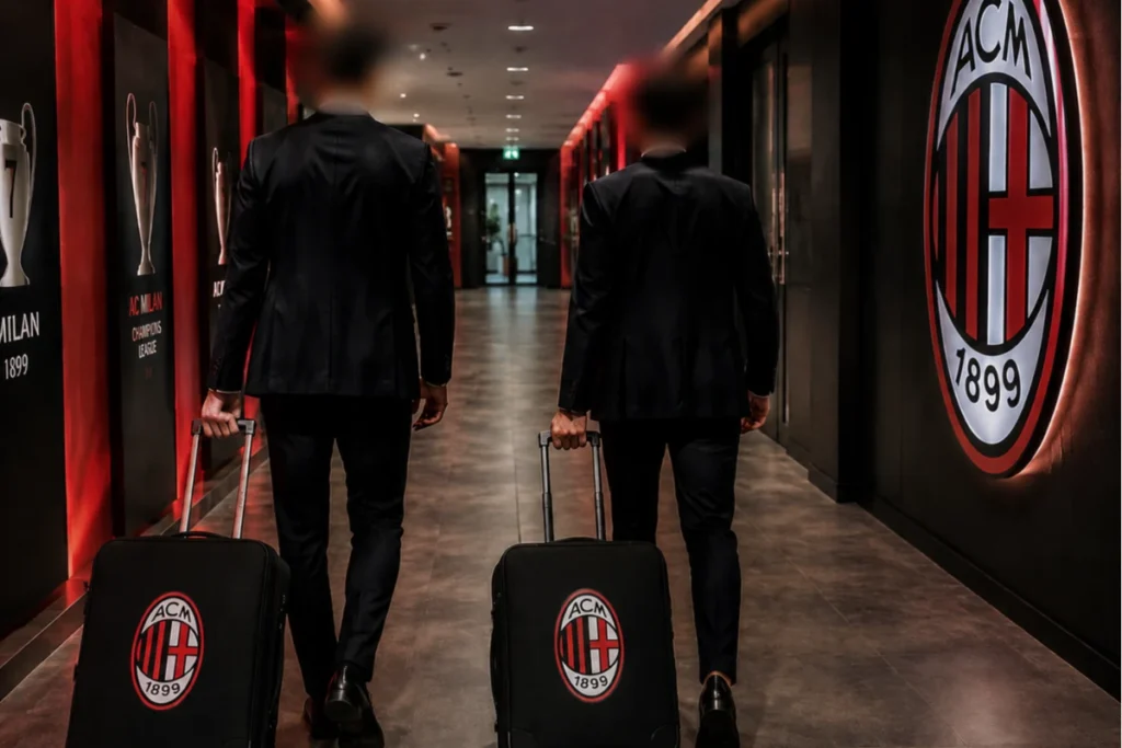 Due giocatori del Milan con valigie nel corridoio dello stadio San Siro, logo ACM sullo sfondo