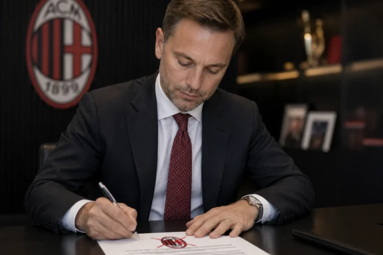 Dirigente del Milan firma documento alla scrivania con logo rossonero sullo sfondo