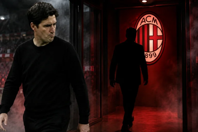 Allenatore del Milan cammina nei corridoi di San Siro con il logo ACM illuminato in rosso sullo sfondo