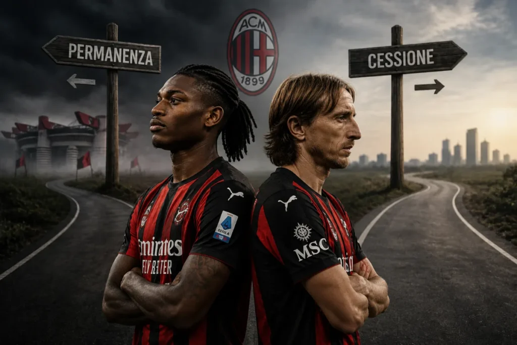 Luka Modric e Rafael Leao in maglia rossonera davanti a cartelli che simboleggiano una scelta tra permanenza e cessione
