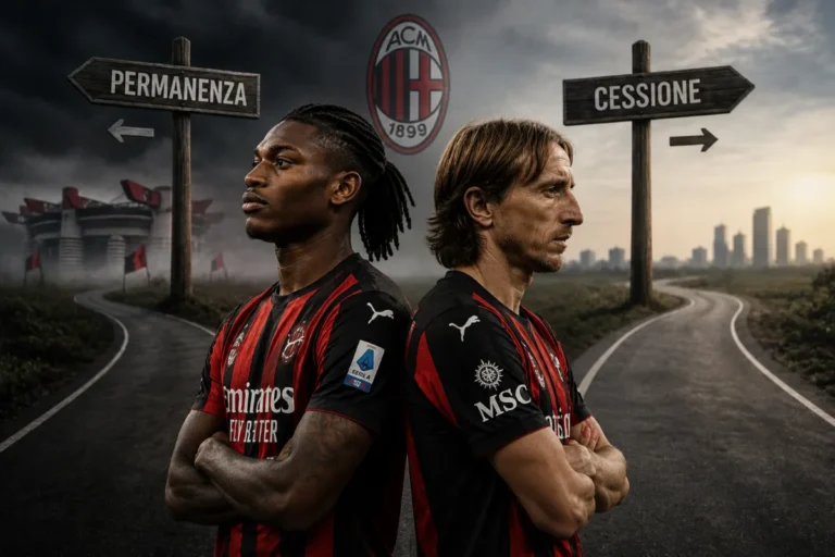 Luka Modric e Rafael Leao in maglia rossonera davanti a cartelli che simboleggiano una scelta tra permanenza e cessione