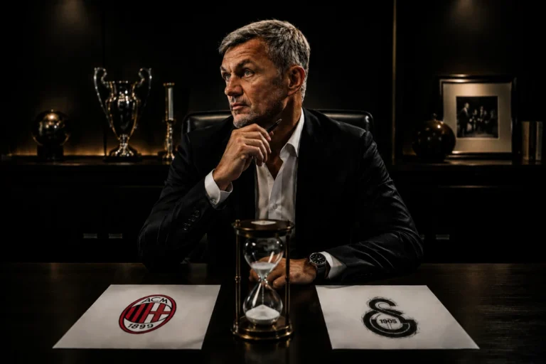 Paolo Maldini in abito scuro seduto in ufficio con trofei e stemmi di Milan e Galatasaray
