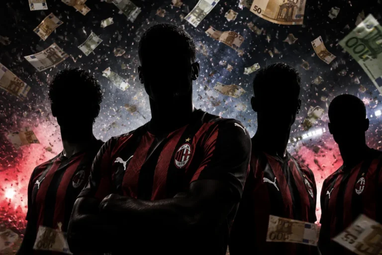 Giocatori del Milan in divisa rossonera con silhouette in primo piano, sfondo con banconote euro e effetti luminosi rossi