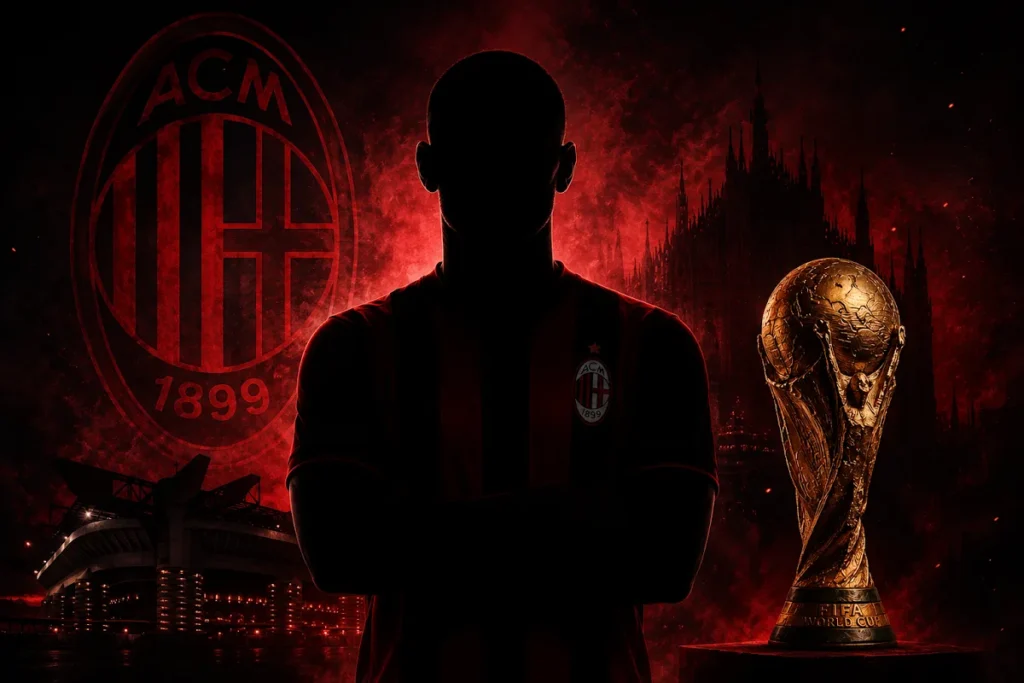 Silhouette di giocatore del Milan con logo rossonero, Duomo di Milano e Coppa del Mondo sullo sfondo