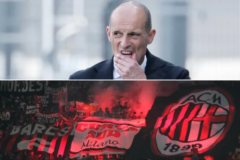 Allegri in panchina con la Curva Sud del Milan sullo sfondo durante Sassuolo-Milan, mostrando il tifo fedele dei supporters rossoneri