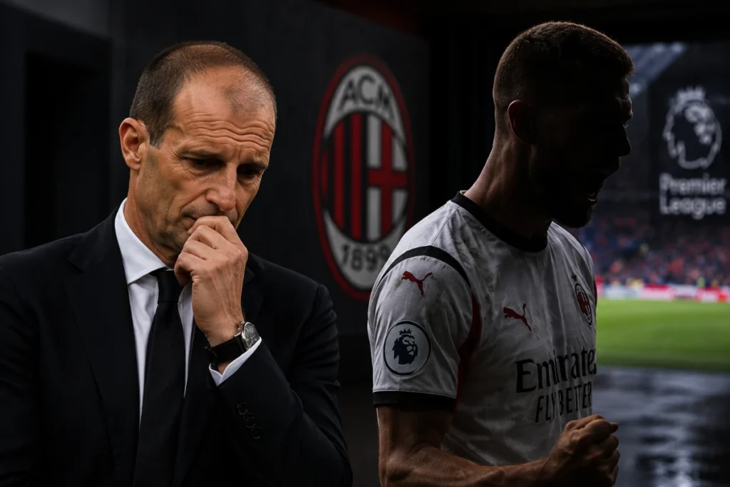 Massimiliano Allegri in giacca nera, pensieroso in panchina, accanto a Aleksa Pavlovic in maglia del Milan durante una partita di Premier League