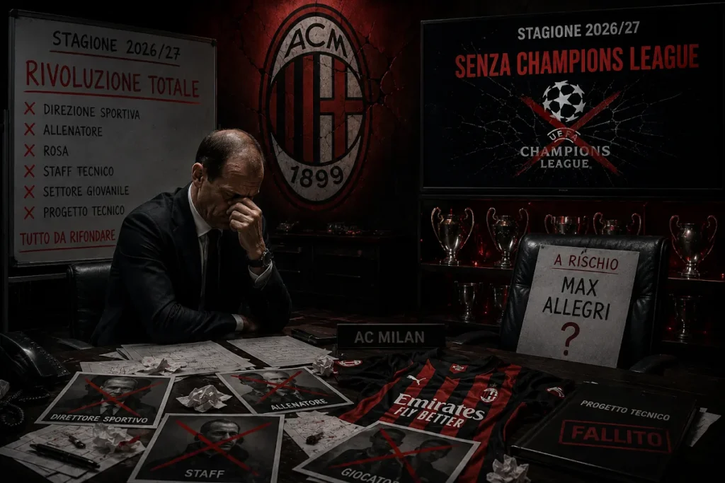 Max Allegri in riflessione alla scrivania con documenti e trofei Champions League sullo sfondo, Milan stagione 2026/27