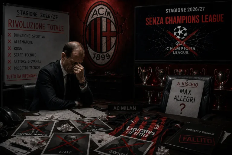 Max Allegri in riflessione alla scrivania con documenti e trofei Champions League sullo sfondo, Milan stagione 2026/27