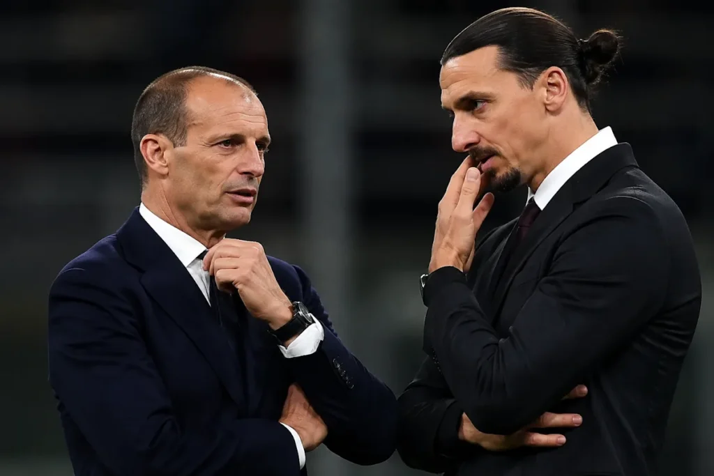 Massimiliano Allegri e Zlatan Ibrahimovic in conversazione durante una partita del Milan