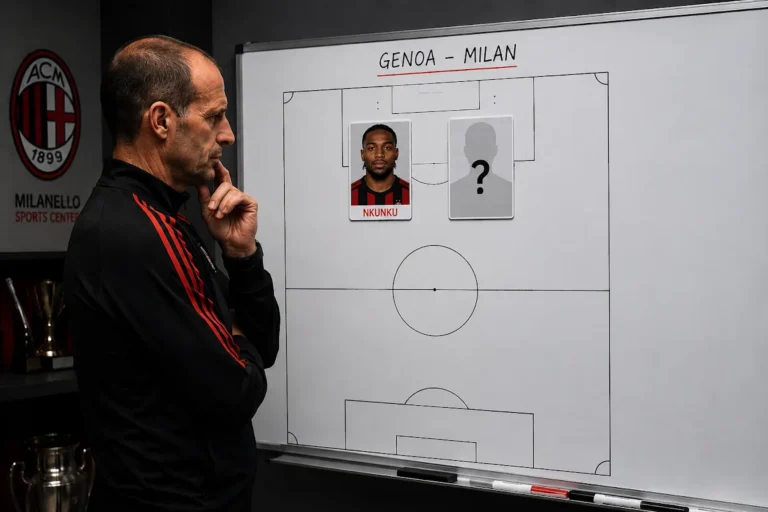 Allegri analizza la formazione per Genoa-Milan alla lavagna, con focus tattico al Milanello