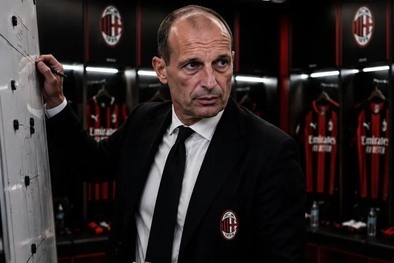 Massimiliano Allegri nello spogliatoio del Milan con divisa da allenatore, davanti alla lavagna tattica