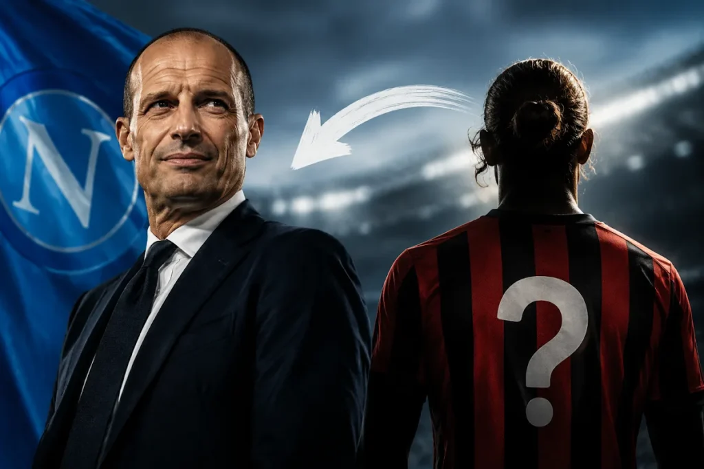 Allegri in abito nero con logo Napoli a sinistra e giocatore in maglia rossonera con punto interrogativo