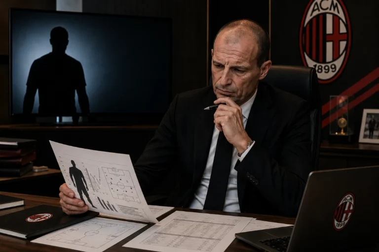 Allegri osserva i disegni tattici dell'attaccante nello studio con logo Milan
