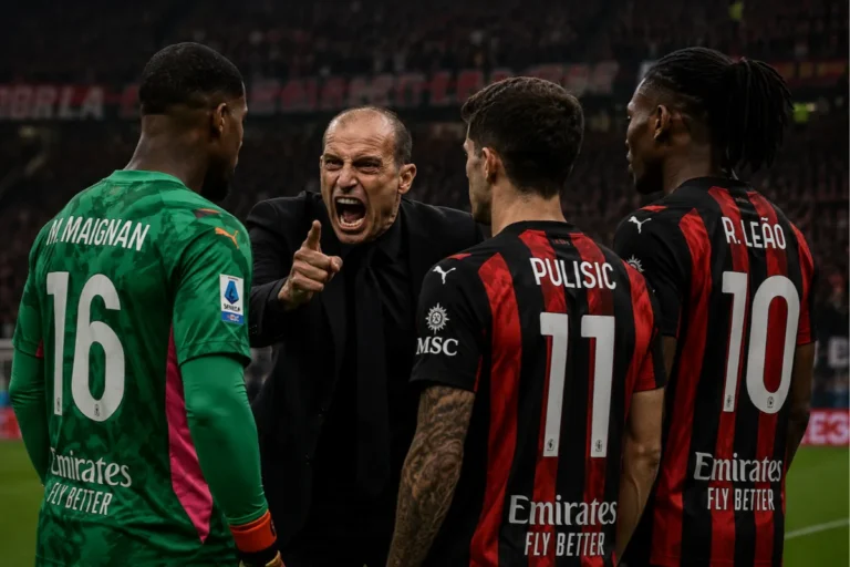 Allegri durante una discussione tattica con i calciatori del Milan Maignan, Pulisic e Leao in campo