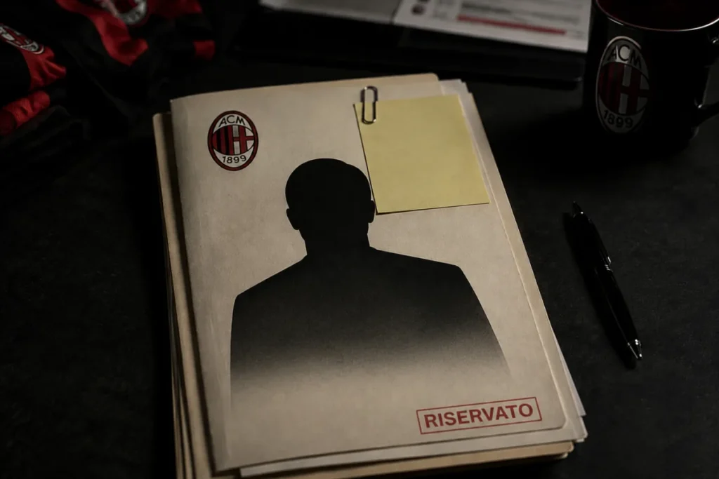 Silhouette di uomo su documento Milan e timbro Riservato