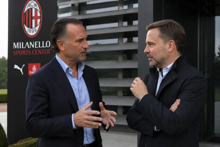 Paolo Cardinale e Giorgio Furlani in conversazione al Milanello Sports Center con logo AC Milan sullo sfondo