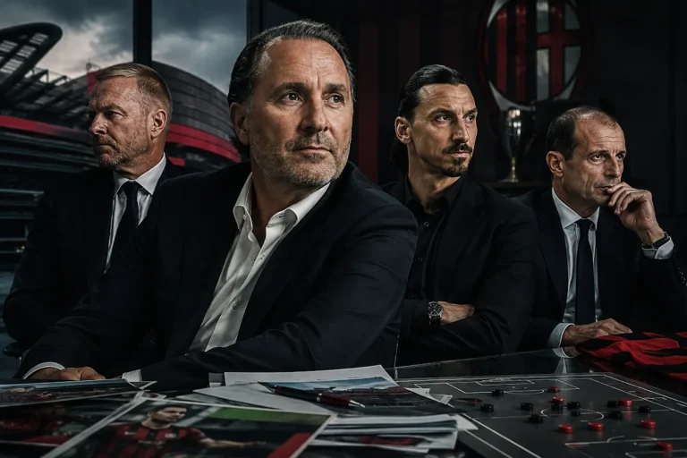 Quattro dirigenti Milan in riunione strategica al tavolo con documenti e analitiche davanti