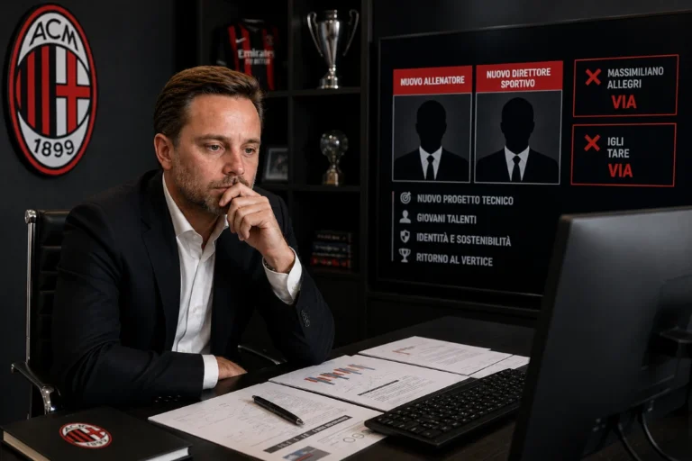 Giorgio Furlani seduto alla scrivania nel suo ufficio Milan, con documenti davanti e mano al viso in atteggiamento pensieroso