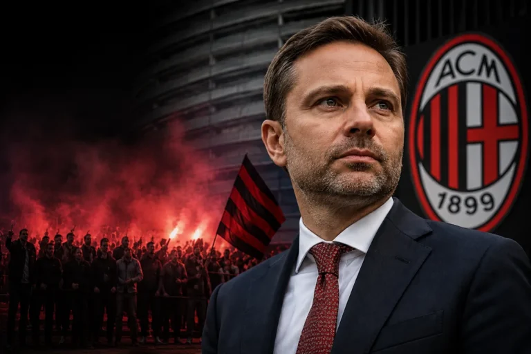Giorgio Furlani, CEO del Milan, in primo piano con lo stemma rossonero e i tifosi della curva sullo sfondo