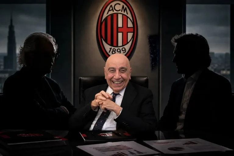 Adriano Galliani sorride durante una riunione negli uffici Milan con due colleghi, lo stemma ACM 1899 sullo sfondo