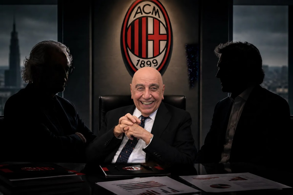 Galliani in riunione con dirigenti Milan davanti allo stemma ACM illuminato in sala conferenze