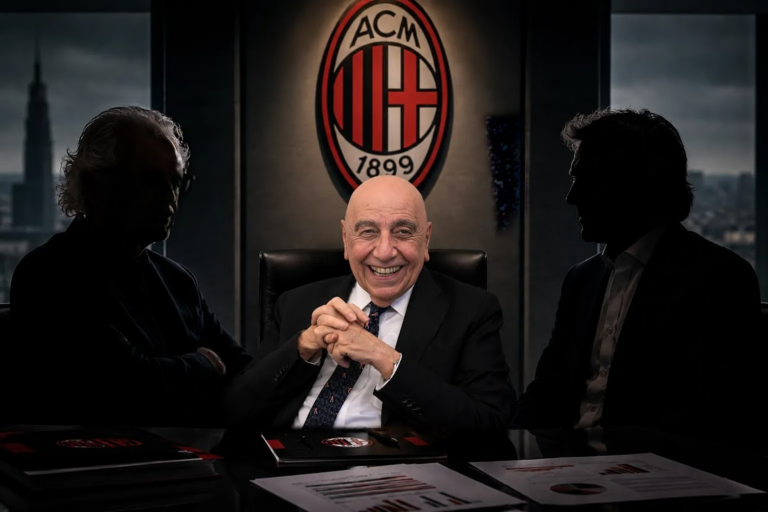 Galliani in riunione con dirigenti Milan davanti allo stemma ACM illuminato in sala conferenze