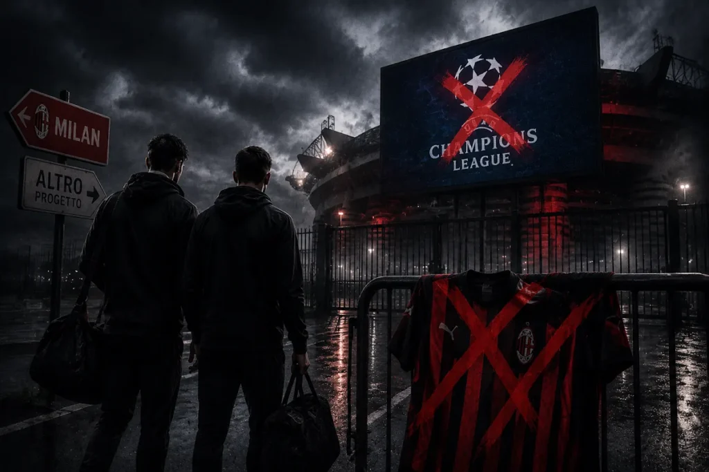 Due giocatori rifiutano il Milan davanti allo stadio San Siro con schermo Champions League