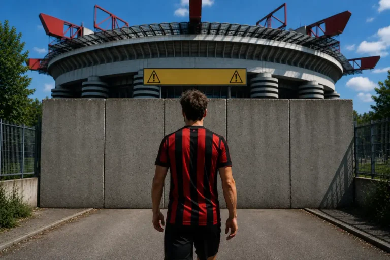Calciatore con maglia Milan di fronte a San Siro, lo stadio sullo sfondo