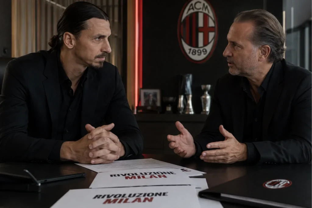 Ibrahimovic e Cardinale in colloquio nello studio del Milan, documenti con logo rossonero sul tavolo