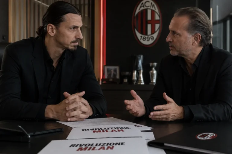 Zlatan Ibrahimovic e Gerry Cardinale in colloquio nello studio del Milan con documenti sul tavolo