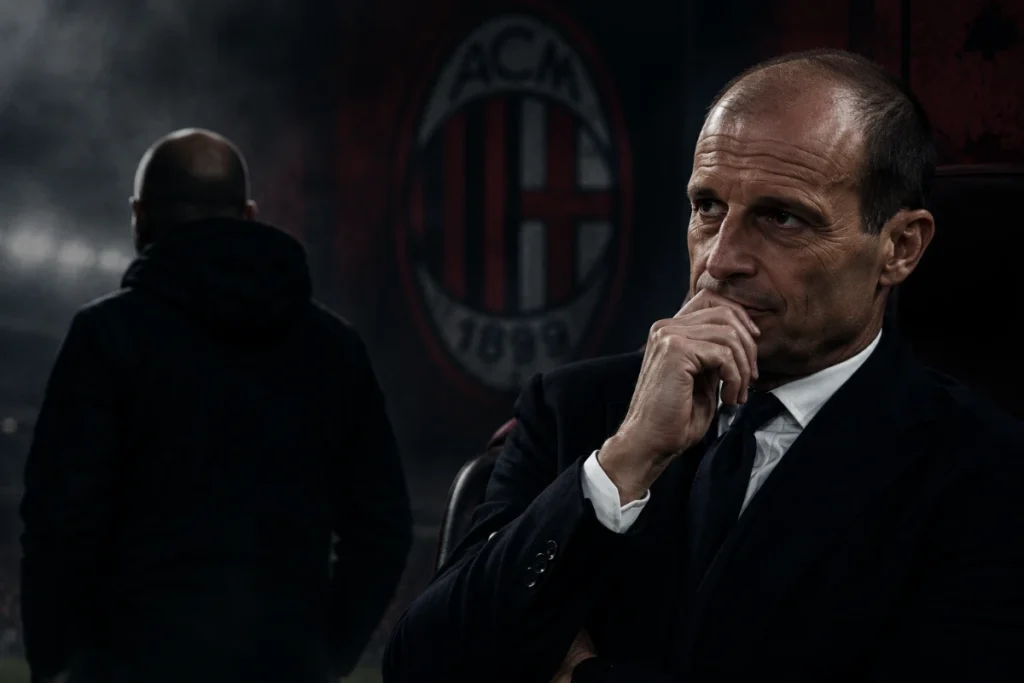 Massimiliano Allegri in panchina con espressione concentrata, logo AC Milan sullo sfondo