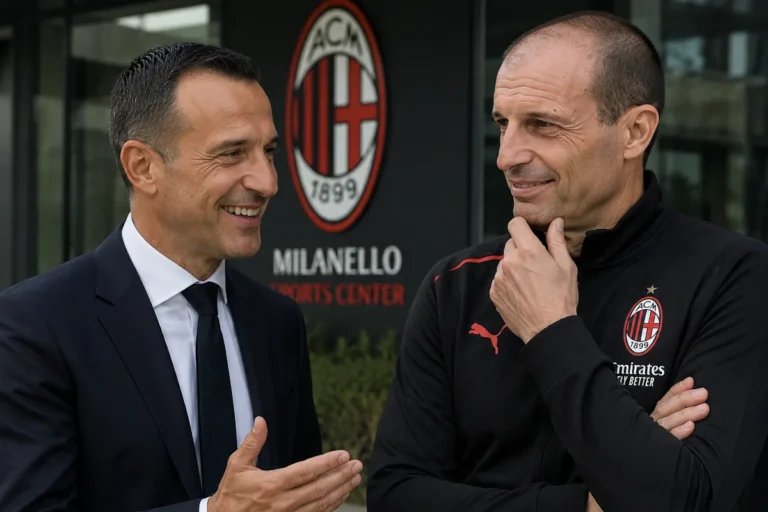 Jorge Mendes e Massimiliano Allegri conversano davanti al logo del Milan a Milanello