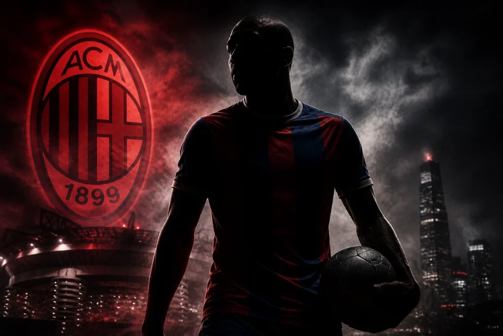 Silhouette di giocatore con pallone davanti al logo dell'AC Milan illuminato in rosso e skyline di Milano
