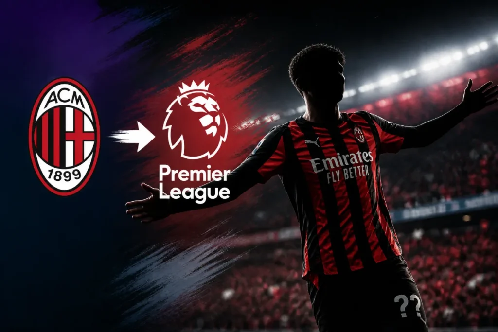 Giocatore del Milan in maglia rossonera di fronte al logo della Premier League e dell'AC Milan