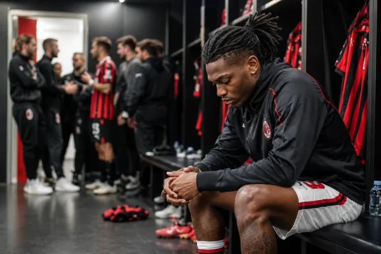 Rafael Leao negli spogliatoi del Milan in momento di concentrazione