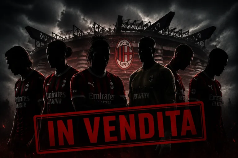 Sei giocatori del Milan in divisa rossa con lo stemma del club sullo sfondo dello stadio San Siro, con scritta IN VENDITA