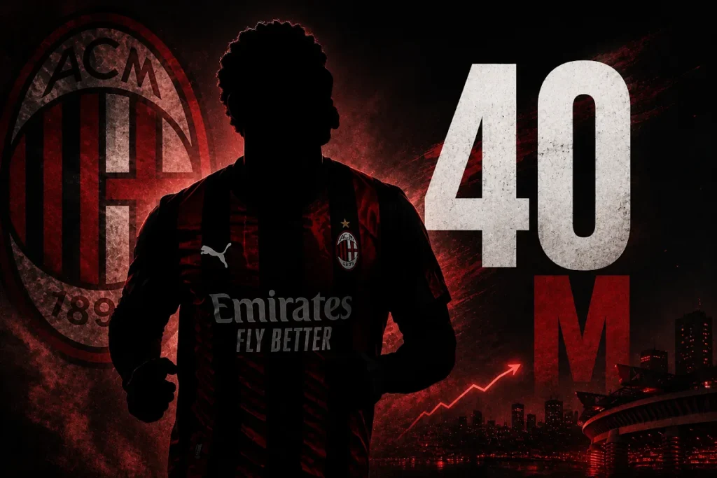 Silhouette di giocatore del Milan in maglia nera con Emirates, numero 40, logo rossonero sullo sfondo