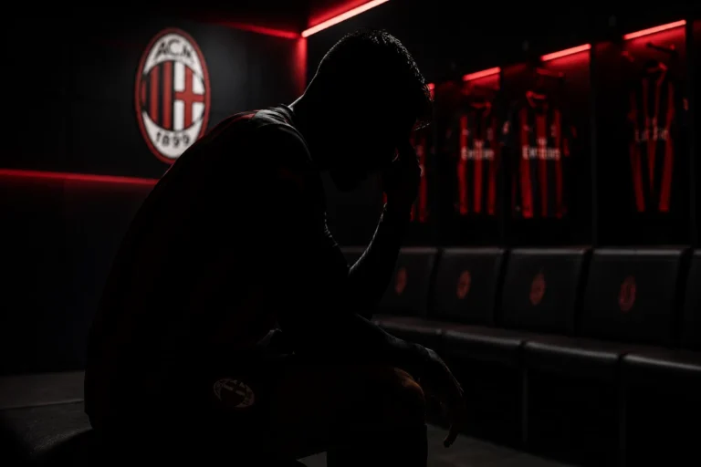 Silhouette di Christian Pulisic negli spogliatoi del Milan con logo rossonero illuminato sullo sfondo