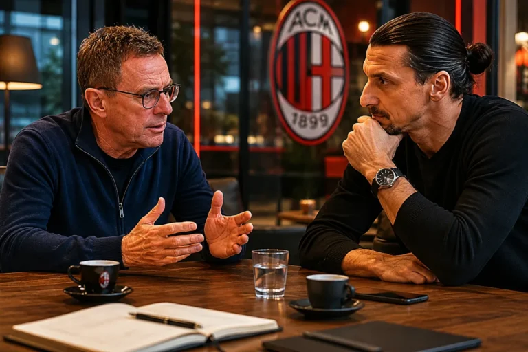 Ralf Rangnick e Zlatan Ibrahimovic in conversazione presso la sede del Milan