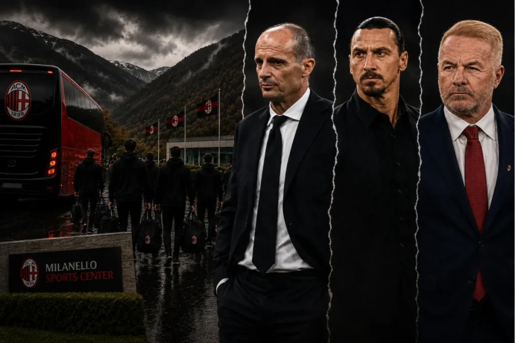 Igli Tare, Massimiliano Allegri e Zlatan Ibrahimovic al Milanello Sports Center, protagonisti della strategia mercato del Milan