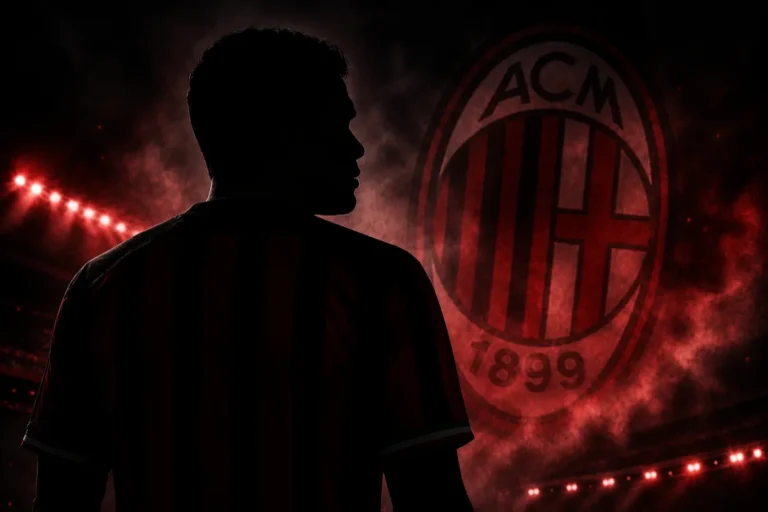 Silhouette di giocatore di profilo con lo stemma del Milan rossonero sullo sfondo illuminato