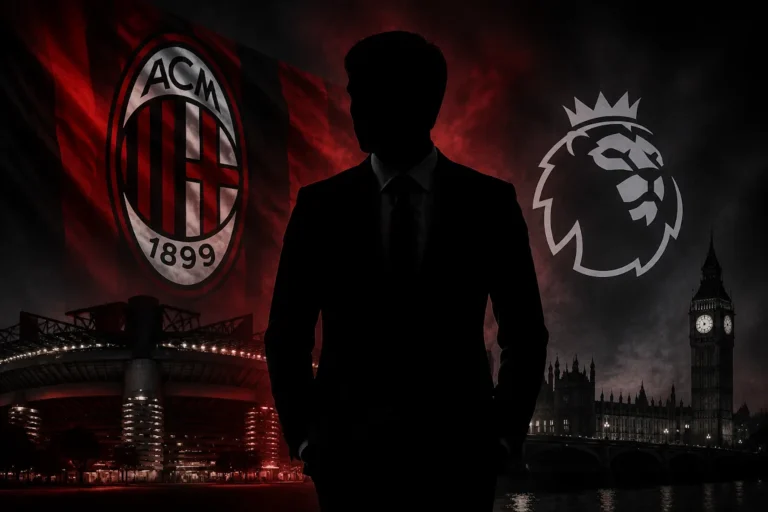 Silhouette di allenatore in abito davanti ai loghi AC Milan e Premier League con stadio illuminato sullo sfondo