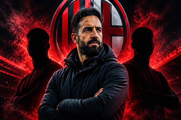 Amorim allenatore Milan con braccia incrociate davanti al logo rossonero