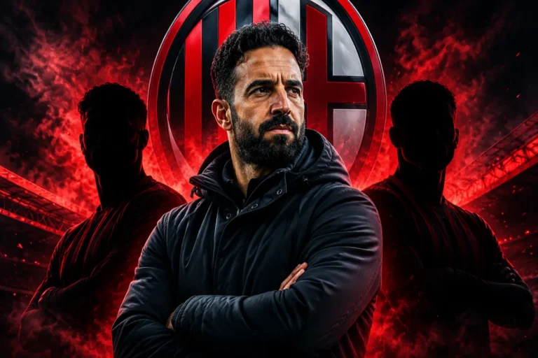 Ruben Amorim con braccia incrociate davanti al logo del Milan, su sfondo rosso con silhouette dello staff