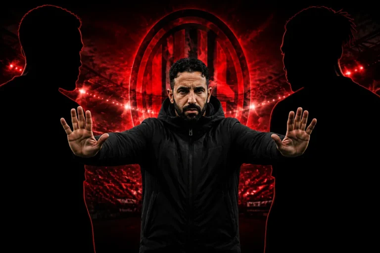 Amorim a mani aperte in gesto decisivo, circondato da sagome rosse dello stemma del Milan