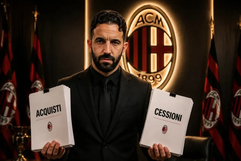 Amorim in abito scuro con cartelle Acquisti e Cessioni davanti al logo illuminato dell'AC Milan