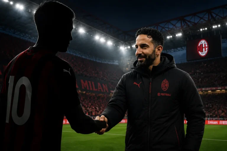 Amorim stringe la mano a un giocatore del Milan numero 10 nello stadio San Siro durante la presentazione